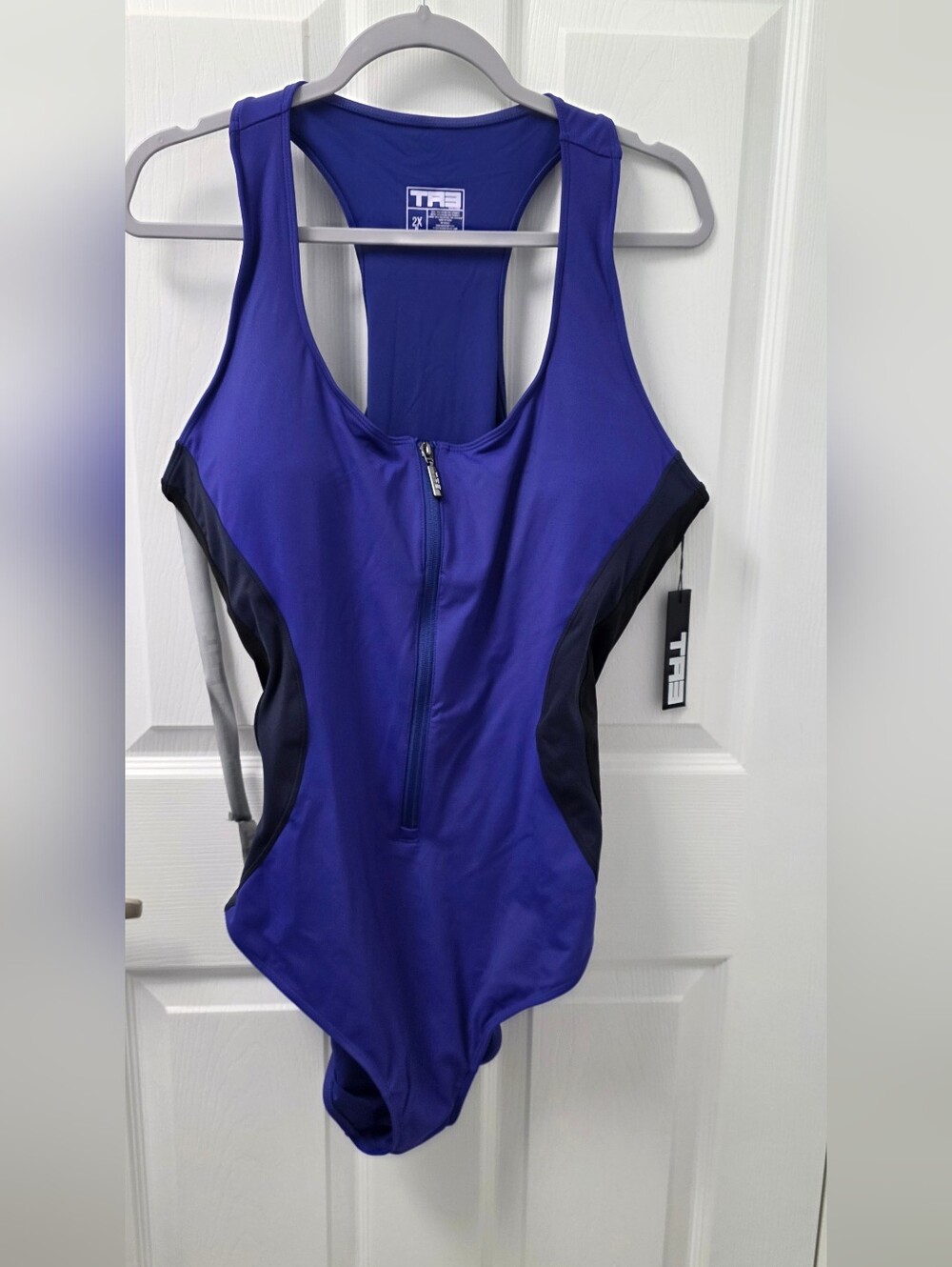 TA3 Scoopy Seamed Zip Contour Ultramarine Black One Piece Swimsuit 2X Reg Long